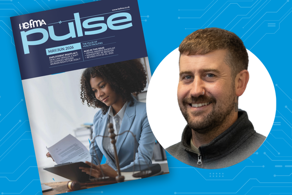 Ben Wilson of C&B Electrical Contractors featured alongside the HEFMA Pulse magazine cover for an article on healthcare electrical services and NHS environments.